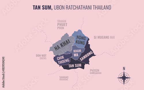 Map showing Tan Sum District Ubon Ratchathani Thailand divided into sub-districts with minimalist colorful patterns