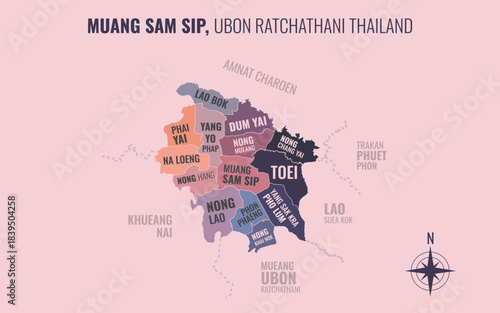 Map showing Muang Sam Sip District Ubon Ratchathani Thailand divided into sub-districts with minimalist colorful patterns
