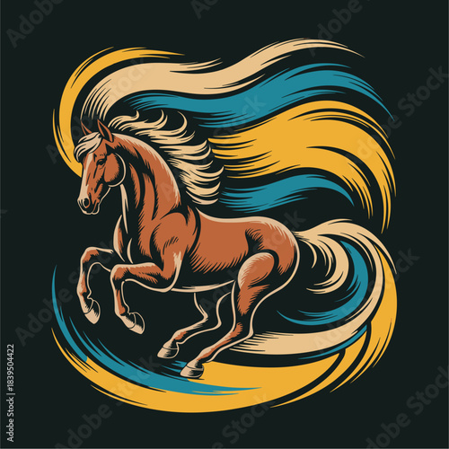 Dynamic full body horse in mid gallop with chestnut and golden brushstroke mane and tail on black background, elegant and expressive
