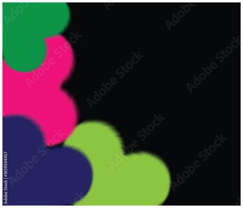 vibrant fuzzy abstract shapes in green pink navy and lime forming soft organic design over deep black background, colorful blurred textured blobs arranged vertically 