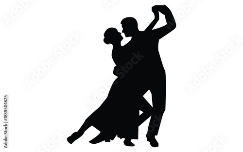Silhouette of two dancers performing a romantic ballroom dance on white background