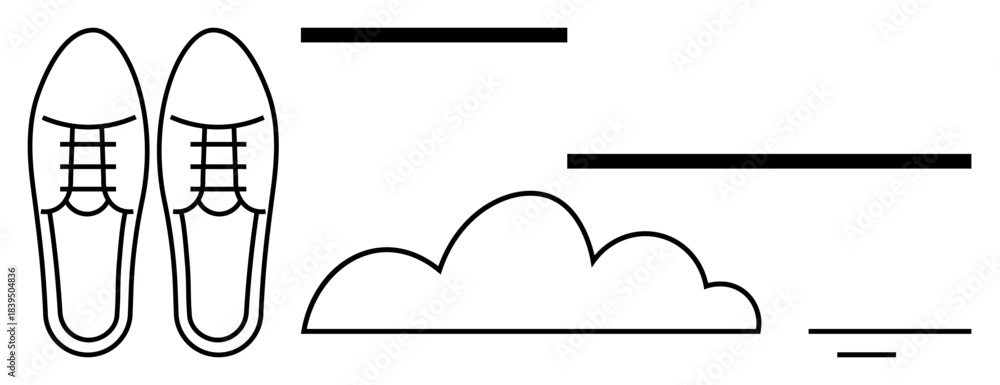 Fototapeta premium Line art concept. Minimalistic line drawing of shoes, cloud, and dynamic horizontal lines movement, lightness, and journey. Perfect for branding, posters, presentations ads and design inspiration