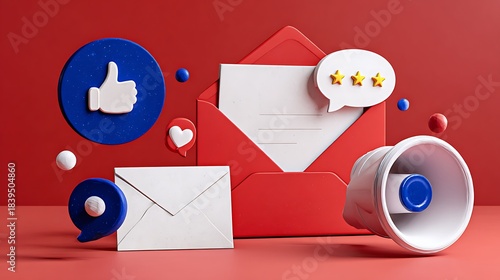 Social media icons and communication symbols on a red photo background like