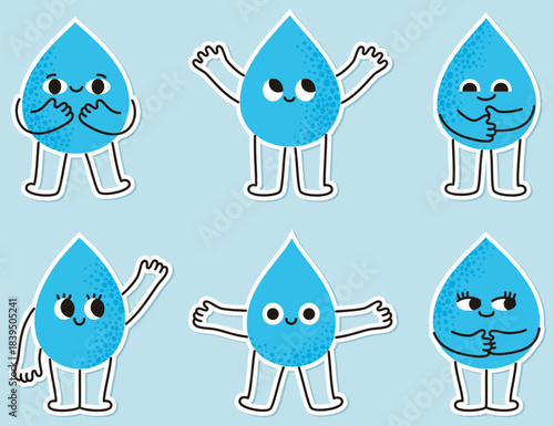 Water drop characters stickers. Drink more water.