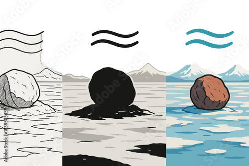 Erratic on Icefield. Scenic view of lone erratic on icefield with floating poetic lines in air, first in line style with thin