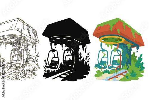Abandoned Ski Lift. Overgrown ski lift station with broken chairs and snow-dusted tracks, first in line style with thin outline,