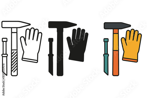 Tools in Three Styles. Rock hammer, chisels, protective gloves, first in line style with thin outline, second in solid style