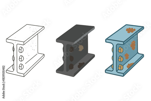 Steel Girder Styles. Steel girder, rust patches, bolts, first in line style with thin outline, second in solid style filled shape,
