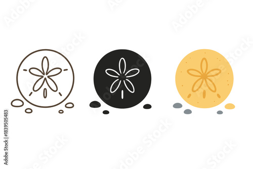 Artistic Sand Dollar Styles. Beach scene, sand dollar, small pebbles, first in line style with thin outline, second in solid style