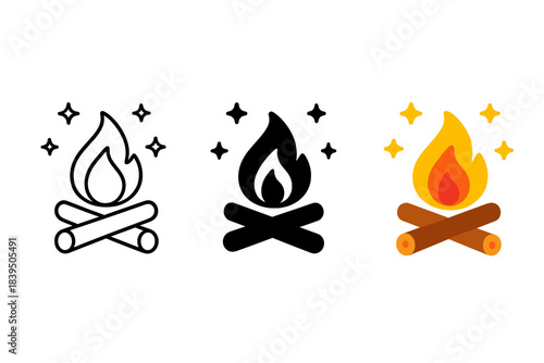 Bonfire Under Starry Sky. Bonfire, pair of logs, starry night sky, first in line style with thin outline, second in solid style