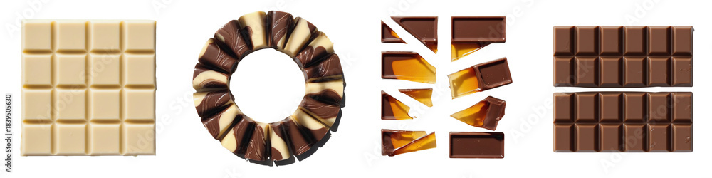 Fototapeta premium Set of milk chocolate blocks with caramel-filled triangles and broken angular chocolate shards on transparent background