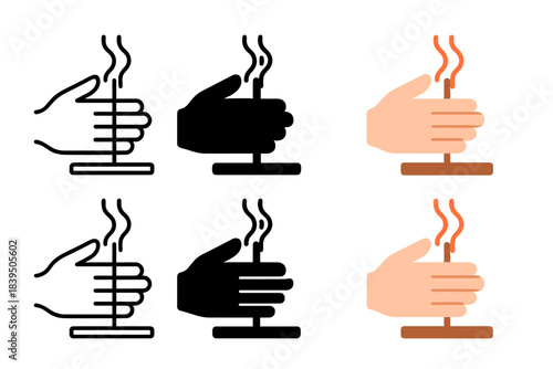 Abstract Fire Drill Icons. Hand fire drill with smoke rising from heated hearth, abstract minimalist vector icon, first in line