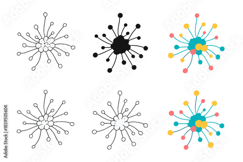 Quantum Fragment Network. Sculptural network of tiny quantum fragments spreading outward, abstract minimal vector design, first in