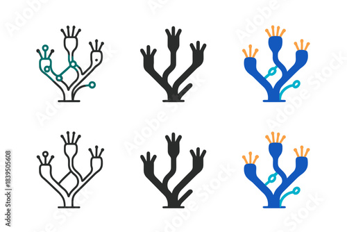 Vibrant Coral Reef Icons. Coral reef with glowing connections and vibrant polyps, abstract minimal vector icon, first in line