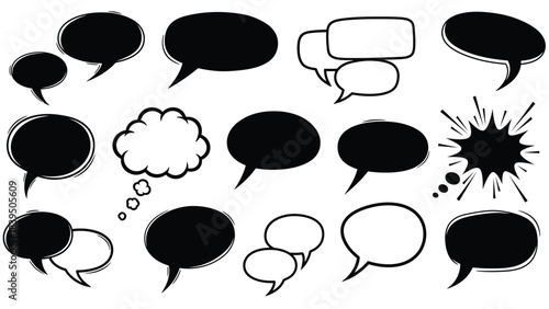 Collection of various black and white comic speech bubbles and thought balloons