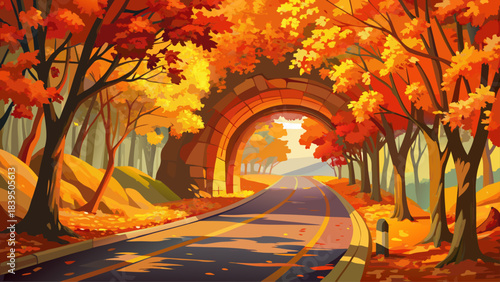 Very beautiful winding country road covered with vibrant maple leaves glowing in fall sunlight. Trees arch overhead creating a warm, immersive autumn tunnel across Vermont’s peaceful countryside.