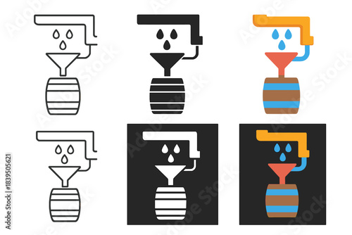 Rainwater Collection Designs. Rainwater collection barrel with funnel and pipes, abstract minimal vector design, first in line