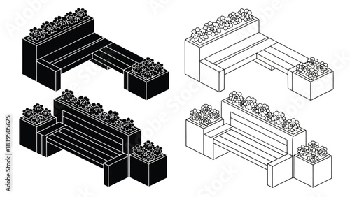 Isometric view of black and white modular building block structures