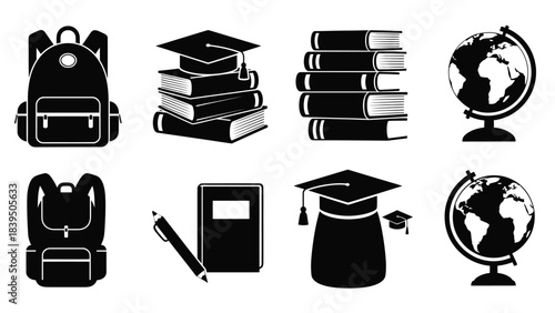 Education icons representing learning books travel and academic achievement