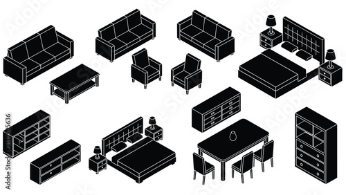 Isometric furniture arrangement sofas chairs tables beds and storage units