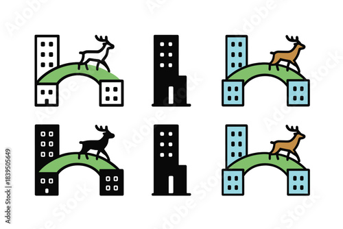 Urban Green Rooftop Path. Green rooftop walkway connecting city buildings with wildlife movement, simple minimal vector icon,