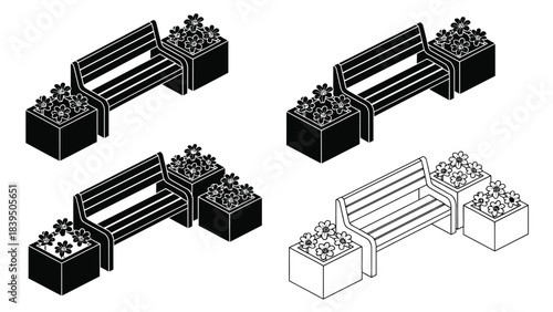 Black and white illustration of park benches with flower planters
