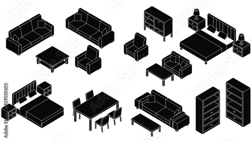 Isometric furniture arrangement sofas tables chairs and storage units displayed