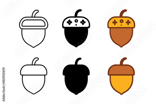 Acorn Icon Styles. Acorn with hollowed cap and small decorative details, clean geometric minimal icon, first in line style with