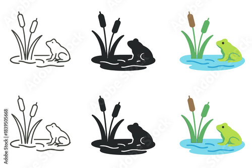 Frog in Cattail Marsh. Cattail marsh with frog silhouette and gentle water surface, minimal vector design, first in line style