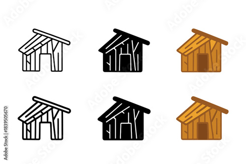 Tribal Hut Icons. Scrap timber tribal hut with slanted roof and simple doorway, simple minimal vector icon, first in line style