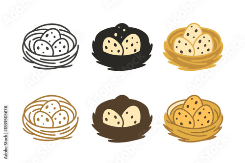 Speckled Quail Eggs. Bird nest with three tiny speckled quail eggs, minimal vector design, first in line style with thin outline,
