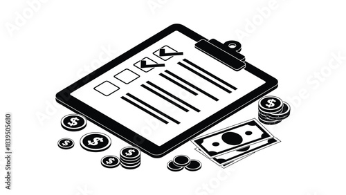 Digital tablet with barcode money and coins depicting financial transactions