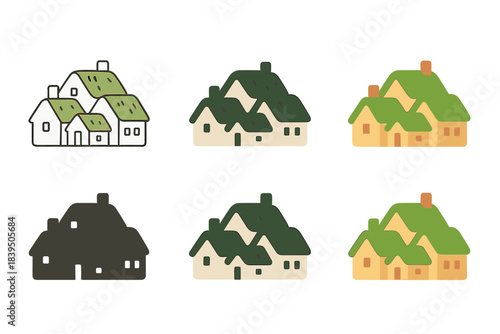 Mossy Roof Village. Mossy roof village with small clustered homes and tiny chimneys, minimal vector design, first in line style