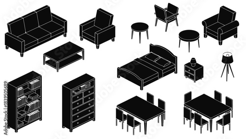 Isometric furniture set illustration featuring sofas beds tables and storage units