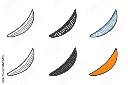 Damascus Steel Blade Art. Curved sword blade highlighting Damascus steel layers, clean geometric minimal icon, first in line style