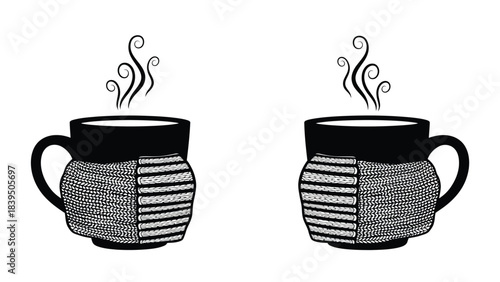 Two decorative mugs with rising steam a simple black and white illustration