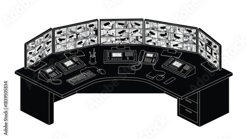 A detailed illustration of a security control room with multiple monitors