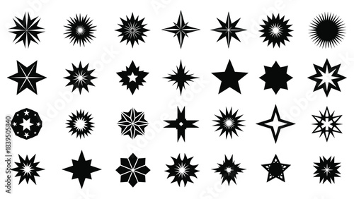 Collection of various black starburst and star shaped graphic elements