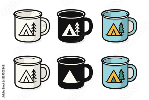 Stylized Enamel Camping Mug. Side angled view of enamel camping mug with handle and simple design, simple minimal vector icon,