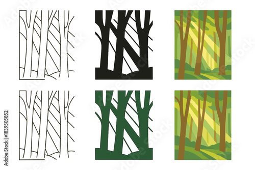 Beech Forest Abstraction. Sunlight filtering through slender beech tree trunks in a forest, abstract minimal vector design, first