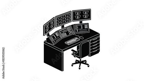 Isometric illustration of a modern control room desk with multiple monitors