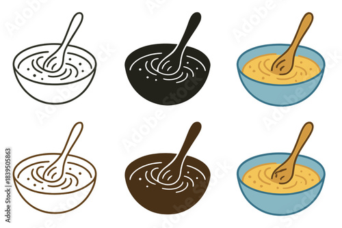 Sourdough Stirring Styles. Wooden spoon stirring active sourdough culture in a bowl, soft curved lines representing motion and
