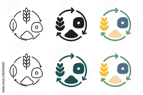 Milling Cycle Emblem. Abstract emblem of milling cycle—grain, stone, flour—arranged in continuous circular flow, clean symbolic