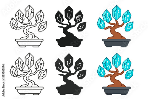 Crystalline Digital Bonsai. Futuristic bonsai with crystalline leaves storing digital memories, elegant union of tradition and