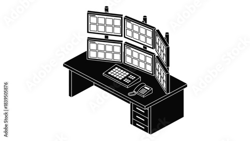 Control room setup with multiple monitors desk and communication equipment