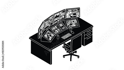 An isometric view of a security control room with multiple monitors and desk
