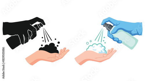 Hands applying sanitizer contrasting depictions of cleanliness and hygiene practices