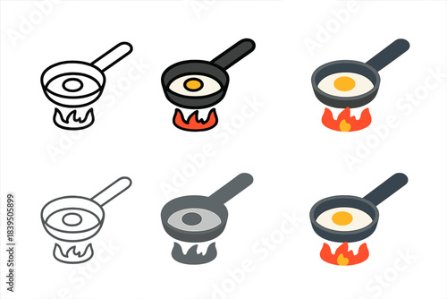 Set of frying pans cooking eggs, with varying heat levels represented by color and flames.