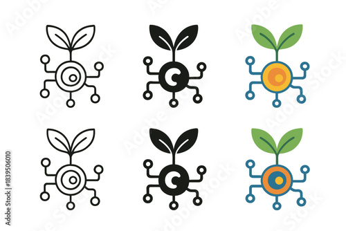 Techno-Nature Emblem. Microscopic cell form with engineered circuit pattern inside, minimalist visual of life programmed by design