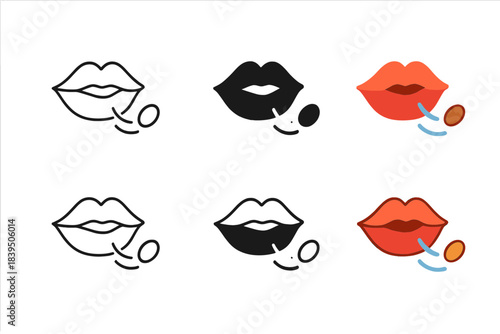 Cherry Pit Exhale. Close-up of lips exhaling small cherry pit with curved motion trail, fun and lighthearted gesture rendered in